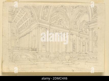 Scenografia, interni del palazzo, grafite su carta, rettangolo orizzontale. Interno della grande sala del palazzo riccamente decorata con sculture, soffitto a cassettoni ornati., Italia, primi del 19 ° secolo, teatro, disegno Foto Stock