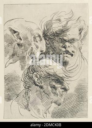 Teste grottesche, Pietro Antonio Novelli, italiano, 1728 - 1804, penna e inchiostro su carta, tre teste umane rese grottesche come quelle degli animali. Due sono mostrati in profilo mentre uno è mostrato frontalmente., Italia, 1750-1775, figure, disegno Foto Stock
