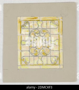 Design per vetrate, Alice Cordelia Morse, americano, 1863–1961, pennello e gouache, acquerello su carta montato su tavola di illustrazione marrone chiaro, disegno in quadrato in giallo con C-scroll al centro., USA, fine del 19 ° secolo, architettura, interni, disegno Foto Stock