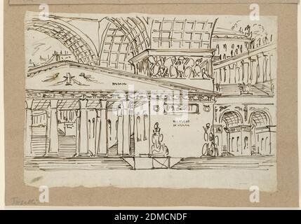 Stage Design, Gruppo di edifici antichi, Angelo Toselli, ca. 1765? – 1826, inchiostro penna e biestre su carta, rettangolo orizzontale. Gruppo di edifici antichi con frontoni, volte, portici, scale che conducono in alto., Italia, primi del XIX secolo, teatro, disegno, disegno, scenografia, Gruppo di edifici antichi, Angelo Toselli, ca. 1765? – 1826, inchiostro penna e biestre su carta, rettangolo orizzontale. Gruppo di edifici antichi con frontoni, volte, portici, scale che conducono in alto., Italia, primi del XIX secolo, teatro, disegno Foto Stock