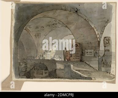 Scenografia, spazio sotterraneo a volta con Tombe, Angelo Toselli, ca. 1765? – 1826, penna e inchiostro nero, pennello e lavaggio verde chiaro, rosa e grigio, grafite su carta deposta, rettangolo orizzontale. Volte di cripta con tombe, urne e tavolette con iscrizioni., Bologna, Italia, primi del 19 ° secolo, teatro, disegno Foto Stock