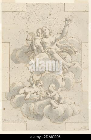 Disegno per una pittura a soffitto, Venere, Cupido e Putti, Marc Antonio Franceschini, italiano, 1648 – 1729, penna e inchiostro, pennello e lavaggio nero, carbone su carta, coppie di figure sedute su nuvole. Sopra, Venere alza un'orbita e abbraccia Cupido. Sotto, una coppia di putti--un putto tiene un uccello, un altro solleva una torcia. Lo sfondo è delineato a doppia croce., Bologna, Italia, 1700–29, figure, disegno Foto Stock