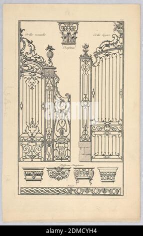 Disegni per la decorazione di ferro, piatto 88 da Divers dessins de balcons a plusieurs uses (varietà di disegni di balcone), Claude René Gabriel Poulleau, francese, b.1749, Jacques Chéreau, francese, 1688–1776, incisione su carta, UNA varietà di disegni per la lavorazione del ferro compresi cancelli, capitelli e fregi., Francia, 1757–1776, Stampa Foto Stock