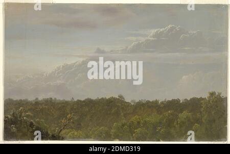 Thunderheads, Giamaica, Frederic Edwin Church, American, 1826–1900, Pennello e dipinto ad olio su cartoncino panna, una vista panoramica dall'alto di una fitta foresta sottostante, sotto nuvole di tuono di argento che si innalzano nell'alta atmosfera., USA, 1865, Paesaggi, disegno Foto Stock