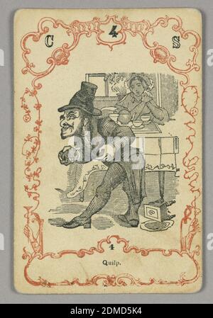 Carta da gioco, inchiostro rosso e nero, carta, carta numerata in alto: C 4 S; sotto immagine centrale: 4, Europa, ca. 1855, carta da gioco Foto Stock