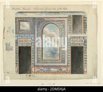 Hall d'ingresso, parete nord, Royal Pavilion, Brighton, Frederick Crace, inglese, 1779–1859, pennello e acquerello, penna e inchiostro nero, grafite su carta wove bianca, elevazione di un muro, con porte affiancate da una grande decorazione centrale dipinta costituita da un cielo nuvoloso, racchiuse in una cornice, e circondato da una rappresentazione dipinta di pietra e da un bordo di disegno di traliccio. Sopra la porta, a sinistra, una tavoletta con caratteri cinesi, e sopra che un pannello rettangolare incorniciato con cielo dipinto., Inghilterra, 1802 o prima, architettura, interni, disegno Foto Stock