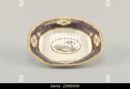 Platter, fabbrica di porcellane Derby, inglese, fondata nel 1756, porcellana, smalto vitreo, oro, piatto ottagonale, bordo decorato con disegni geometrici in oro, blu e bianco. Quattro medaglioni, ciascuno contenente una singola rosa. Fondo decorato con un paesaggio in un ovale legato con edera., Inghilterra, ca. 1782–1800, ceramica, arti decorative, piatto, piatto Foto Stock