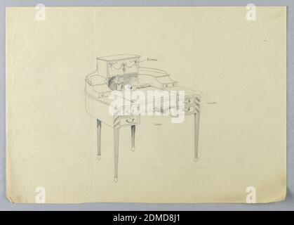Disegno per tavola di scrittura ornata, a tre livelli, semicircolare, A.N. Davenport Co., grafite su carta crema sottile, 1900–05, mobili, disegno Foto Stock