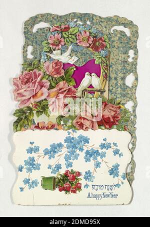 Card with David and His Harp, Chromolithographed colors on paper, Constructed of several parts, joined together: a ship in full sail with mounted cut-outs of vases of flowers, David and his harp. New Year's greeting in Hebrew and English revealed when closed., Germany, ca. 1890, graphic design, Greeting card, Greeting card Stock Photo