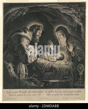 San Francesco e Santa Clara adorano il Bambino Gesù, Pieter de Jode il giovane, fiammingo, 1606 - ca. 1674, Gerard Seghers, fiammingo, 1591 - 1651, Cornelis Galle i, fiammingo, 1576 - 1650, incisione su white paper, il Cristo Bambino in una mangiatoia, Ste. Clara a destra, STS. Francesco a sinistra, entrambi nelle loro abitudini religiose. Sotto, inscritto, 'Quid parum Francisce adeo miraris ie sum / ex pecta, pendens in Cruce maiorerir. / in tenebris lucet lux re plens lumine mundum. / Hinc est quod clara nomine mieat." Sotto, i nomi degli artisti e dell'editore., Fiandre, Belgio, ca. 1630–1655, religione Foto Stock