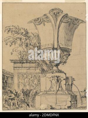 Design for a Fountain in a Park, Gilles-Marie Oppenord, francese, 1672–1742, penna e inchiostro nero, grafite su carta, linee di incorniciatura in inchiostro nero, foderata, UNA grande urna, con maniglie divise poggia su un basamento da cui l'acqua emette maschere su tre lati. A sinistra, un albero e rilievo di un gruppo di figure in piedi., Francia, ca. 1710, architettura, disegno Foto Stock