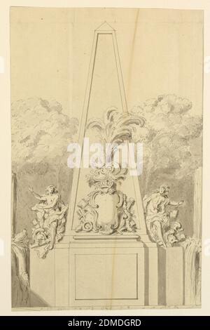 Disegno per un Monumento fiancheggiato da fontane, penna e inchiostro, pennello e acquerello su carta, figure allegoriche con trofei fiancheggiano un obelisco con scultura in rilievo di trofei di guerra che circondano uno stemma vuoto sormontato da una corona reale. La base del monumento è stata lasciata vuota per l'iscrizione. Cascate su entrambi i lati; alberi sullo sfondo. Linea di framing in basso con scribi indecifrabili., Francia, 1700, disegno Foto Stock