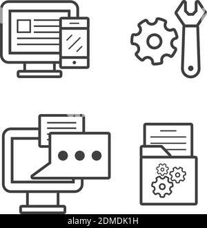 Imposta il computer con ingranaggi e bulbo chat icone vettore in linea stile per web, grafica e mobile design. Vettore icona meccanica del computer Illustrazione Vettoriale