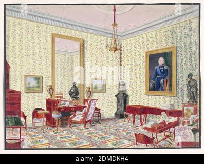 Lo studio della granduchessa Cecilia von Oldenberg, Ernst Christian Anton von Lautzow, pennello e acquerello, gouache con accenti di vernice oro su carta wove bianca, in questa prospettiva, Lo studio della Granduchessa Cecilia von Oldenburg è dominato dal grande ritratto appeso alla parete a destra di un uomo in uniforme militare, forse il Granduca Paul Friedrich. Pareti di colore giallo pallido con sentieri di fiori e un tappeto floreale della stessa colorazione creano uno sfondo per l'elegante suite di mobili Biedermeier. La scrivania montata su ormolu può contenere due vasi in porcellana Foto Stock