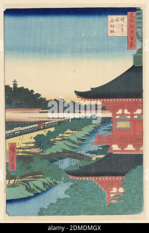 Pagoda del Tempio Zojoji, Akabane (Zojoji-to, Akabane) dalla Serie cento viste di Edo, Ando Hiroshige, giapponese, 1797–1858, stampa a blocchi di legno in inchiostro colorato su carta, il Tempio Zojoji fu costruito dal fondatore della dinastia Tokugawa, Ieyasu (1542-1616.) Questa pagoda a cinque piani era il tempio principale della Scuola di Terra pura (jodo) del Buddismo nella regione di Kanto. Di fronte a questo luminoso edificio rosso si trova una torre di guardia scura. Circondata da nuvole, questa era la torre di guardia più alta di Edo. Oggi la pagoda si trova nel cuore di Tokyo. Hiroshige raffigura il tempio quando era circondato da alberi Foto Stock