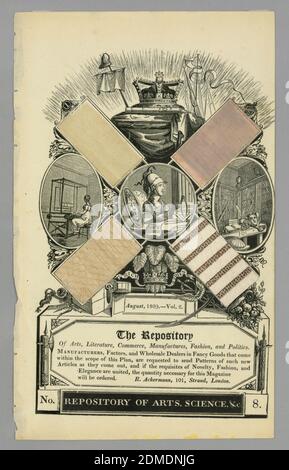 Pagina da 'Archivio delle arti, della scienza, ecc' di Ackermann, mezzo: b.) carta, cotone, seta, componente 'b' è una pagina da Ackermann's Repository, agosto 1809, Vol. 2. Page contiene grafica stampata e quattro campioni di tessuto: Tre tessuti in colori pallidi e una striscia stampata., Inghilterra, 1809, libri di esempio, Page from Ackermann's 'Repository of the Arts, Science etc Foto Stock