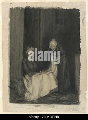 White My Flax, Red My Ring, Gold The Heart of My Betrothed, Henry Patrick Raleigh, American, 1880–1944, Charcoal, Brush e watercolor grigio, bianco e nero sulla tavola di illustrazione, UNA giovane donna seduta in una porta è mostrata con un foglio in suo grembo. Accanto a lei una vecchia donna si alza e si innalza sull'orlo del foglio., USA, 1914, figure, disegno Foto Stock