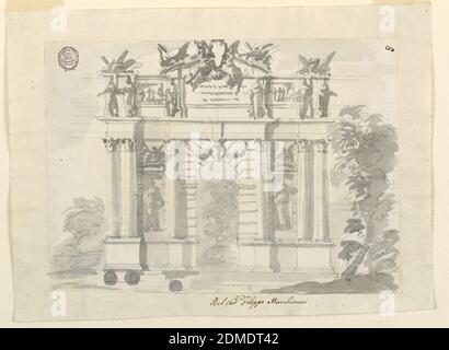 Porta in un muro da giardino, Filippo Marchionni, italiano, 1732–1805, carbone, grafite, pennello e acquerello grigio su carta, a forma di arco trionfale, con un'unica apertura alta e stretta nella parte centrale. Sotto è un dado, sopra l'entablature è un attico. La parete nella parte centrale è trattata come un lavoro rustico. L'entablatura è supportata su entrambi i lati, vicino agli angoli, da due colonne, all'interno di una sola. Nei pannelli laterali è presente una nicchia con una figura femminile in piedi, ed un frontone circolare sopra il quale è un trofeo. Le strisce sporgenti del montante corrispondono all'attico Foto Stock