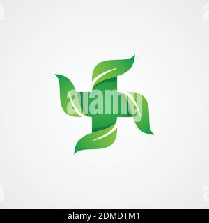 Disegno vettoriale per la progettazione di icone di assistenza sanitaria con foglia. Modello di progettazione vettoriale per l'assistenza sanitaria a croce e a foglia. Illustrazione vettoriale EPS.8 EPS.10 Illustrazione Vettoriale