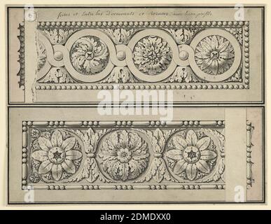 Design per due fregi, penna e inchiostro cinese, pennello e acquerello, grafite su carta, il fregio superiore raffigura fasce intrecciate curve con rosette. Il fregio inferiore mostra rosette di disegno alternato., Francia, 1770-1790, disegno Foto Stock