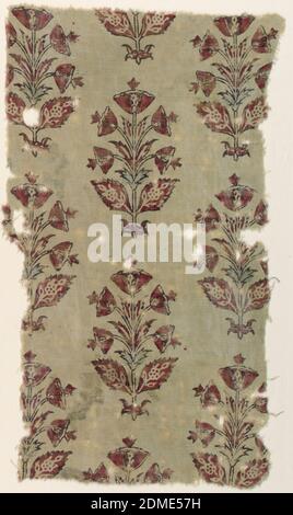 Fragment, Medium: cotton Technique: block printed on plain weave with mordant, immersion dyed, Stylized plant forms in brown and red., India, 17th century, printed, dyed & painted textiles, Fragment Stock Photo