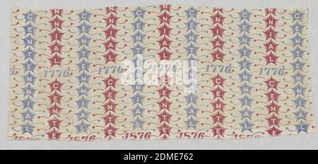 Textile, Medium: cotton Technique: printed on plain weave, Fragment of a centennial print in a design of red and blue stars in vertical columns, each star holding in its center a letter, reserved in white, of the word: CENTENNIAL. Intersecting the stars are two horizontal rows: one with 1776, the other 1876., USA, 1876, printed, dyed & painted textiles, Textile Stock Photo