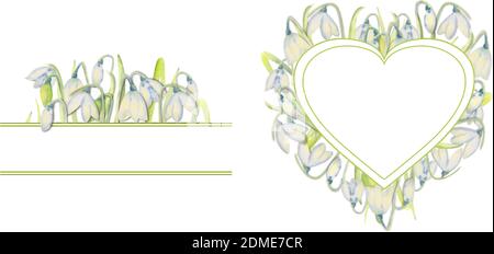 Set of romantic spring frames with snowdrops on the outer edge on a white isolated background. Watercolor painting. Stock Vector