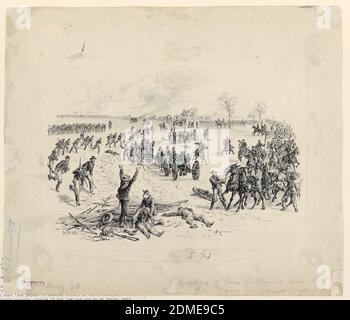 Cattura di armi e distruzione di un treno di carri confederati, Alfred R. Waud, americano, b. Inghilterra, 1828–1891, litografia, con correzioni in gouache bianco, la cattura di armi e prigionieri ad Appomatox. Soldati che corrono a sinistra. Due cannoni al centro. Cavalli e cavalleria a destra. Gruppo in primo piano, compreso un uomo ferito, e uno sdraiato prono a terra., USA, 1887, figure, disegno Foto Stock