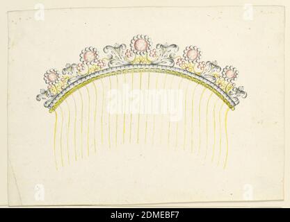 Disegno per un pettine, penna e inchiostro, pennello e grigio, giallo, rosso acquerello su carta, gioiello design per un pettine per capelli destinato ad essere eseguito in metallo dorato, in parte inciso, argento e diamanti. Nel bordo crestante, fiorisce composto da un diamante rosso centrale incorniciato da più piccoli bianchi e collegato con un ramo di foglia in modo gotico, e altri motivi floreali come uva. Sotto, un argento e una fascia d'oro incisa. Venticinque denti, Italia, ca. 1830, gioielli, disegno Foto Stock