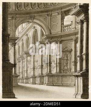 Scenografia, interno del portico rinascimentale, inchiostro penna e biestre, pennello e lavaggio su carta, rettangolo orizzontale. Portico in stile rinascimentale con colonne accoppiate nel parco, Italia, primi del XIX secolo, teatro, disegno Foto Stock