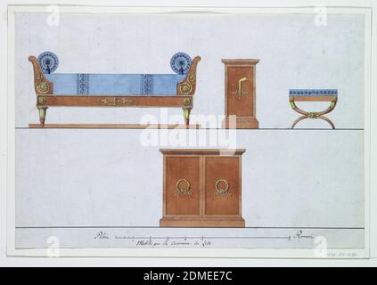 Mobili da camera, penna e inchiostro nero; pennello e acquerello, gesso nero su carta defilata biancastra, rettangolo orizzontale. Foglio che mostra una serie di progetti di mobili correlati. In cima alla fila, a sinistra, un letto mostrato dalla parte anteriore; un letto-tavolo, con una torcia che brucia davanti, al centro; e una sedia a destra. Fila inferiore: Una cassa bassa con due ante, ciascuna con una corona davanti. Linee base e scala in basso, Roma, Italia, ca. 1810, mobili, disegno Foto Stock