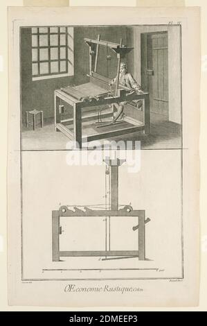 Piatto IV di 'Travail et emploi du Coton' dall'Enciclopia di Diderot, Vol. I, Robert Bénard, francese, 1734–1772, Louis-Jacques Goussier, francese, 1722 - 1799, incisione su carta bianca, registro superiore, un uomo seduto, tessendo cotone, in una stanza. Registro inferiore, il telaio mostrato dal lato, parti intestate., Francia, 1762, disegno grafico, Stampa Foto Stock