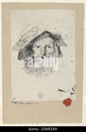 Head of a Bearded Man, William Merritt Chase, americano, 1849–1916, penna e inchiostro su carta bianca montata su carta marrone, disegno di una figura maschile con barba e cappello., USA, 1872–78, ritratti, disegno Foto Stock