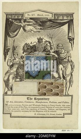 Pagina dal repository di Ackermann, mezzo: Carta, cotone, seta tecnica: Tessitura piana stampata e smaltata; tessitura piana con galleggianti in ordito che formano un motivo a costolette diagonali; tessitura piana stampata, pagina singola stampata dal repository di Ackermann's No. XV, Marzo, 1810. Tre campioni tessili vengono incollati al centro della pagina. Il più grande è un cotone stampato e smaltato in blu, verde e nero. Gli altri due campioni sono una seta biancastra con nervature diagonali e cotone stampato con un disegno astratto marrone scuro e chiaro., Inghilterra, 1810, campionari, pagina dal repository di Ackermann Foto Stock