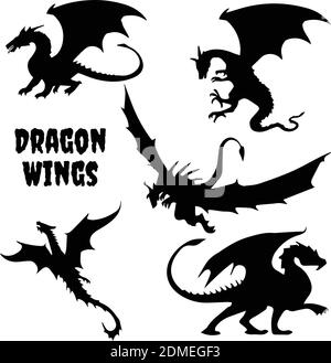 Illustrazioni vettoriali stilizzate nere di sagome di draghi logo a forma di drago su sfondo bianco. Impostare draghi vettoriali per la progettazione del logo. Vettore Illustrazione Vettoriale