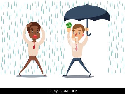 Uomo sotto la pioggia. Uomo d'affari corre dalla pioggia, mentre un altro uomo d'affari ha l'ombrello Illustrazione Vettoriale