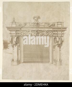 Design per un Chimneypiece, Unknown, penna e inchiostro marrone, pennello e lavaggio nero, gesso nero su carta crema, design architettonico mostra camino incassato con un architrave mantellpiece decorato con pesanti lavori di scorrimento e una maschera centralizzata. Al di sopra di questo, l'entablature include una maschera incorniciata all'interno di uno stemma e foglie di acanto. Le mensole di Strapwork decorano i lati, scorrendo in avanti fino alle final flank drop., Italia, fine XVI secolo, architettura, interni, disegno Foto Stock