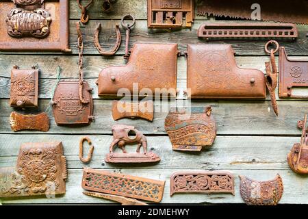 October 04, 2020 - Sandon, British Columbia, Canada: A collection of old  ruested relics from the past in the ghost town of Sandon, British Columbia, Stock Photo