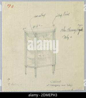 Design per Cina Gabinetto di Mahogany e Inlay, 13 settembre 1906, A.N. Davenport Co., grafite, matita di colore rosso su carta crema sottile, mobile in vetro a forma di Demi-lune con frontale centrale appiattito; stampaggio lungo il bordo superiore; 3 ripiani che tengono pezzi di cina; rialzato su 4 brevi gambe rastremate., 13 settembre 1906, mobili, disegno Foto Stock