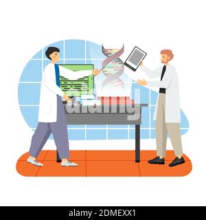 Due scienziati in camici da laboratorio che studiano geni, struttura del dna, illustrazione vettoriale piatta. Laboratorio di scienze genetiche. Illustrazione Vettoriale