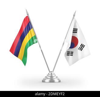 South Korea and Mauritius table flags isolated on white 3D rendering Stock Photo