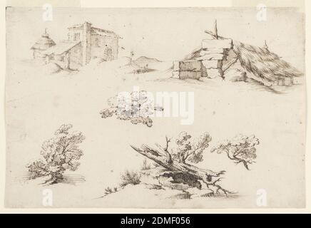 Disegni di edifici e alberi, penna e inchiostro marrone su carta panna, in alto a sinistra: Disegno di una casa e di una pila di fieno; in alto a destra: Una pianta di paglia; centro: Fogliame; in basso a sinistra: Un albero; in basso a destra: Un tronco e ramo., Firenze, Italia, 1610–30, paesaggi, disegno Foto Stock