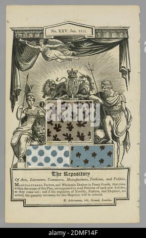 Pagina da 'Archivio delle Arti, Scienza ecc' di Ackermann, mezzo: Carta, cotone, tecnica della seta: (Campioni) tessitura semplice stampata; tessitura piana con trama a fronte di ordito; tessitura piana stampata con effetto di twill, componente 'i' è una pagina dal Repository di Ackermann, gennaio 1811. La pagina contiene grafica stampata e tre campioni di tessuto: Due stampati e uno intrecciato., Inghilterra, 1811, libri di esempio, pagina dal repository delle arti di Ackermann, Scienza ecc Foto Stock