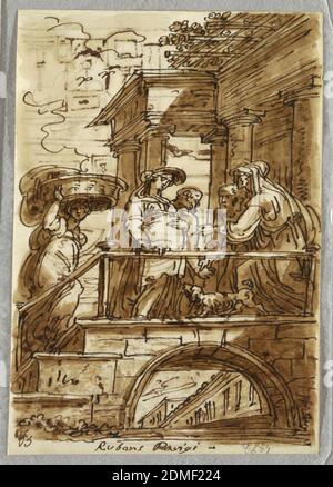 Studio della Visitazione, dopo Peter Paul Rubens, Felice Giani, italiano, 1758–1823, lavaggi con penna e inchiostro, pennello e acquerello marrone su carta, Italia, 1813–18, figure, disegno Foto Stock