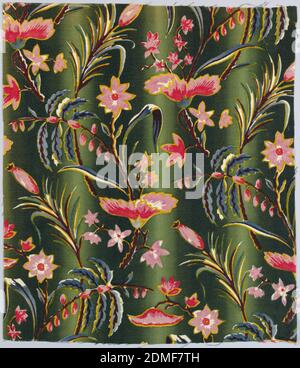 Tessuto, Medio: Lana tecnica: Stampato da rullo inciso su twill 1 x2 con trama., fioritura colorata su viti curvanti su sfondo verde ombra., probabilmente Francia, ca. 1860, tessuti stampati, tinti e verniciati, tessile Foto Stock
