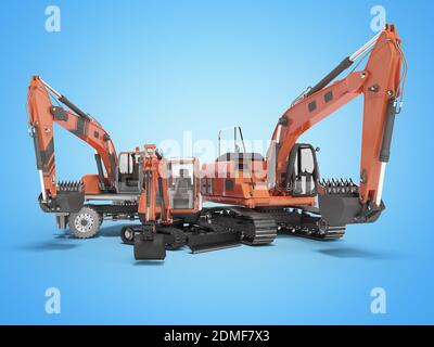 Gruppo di macchine da costruzione escavatore 3D rendering su sfondo blu con ombra Foto Stock