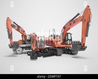 Gruppo di macchine da costruzione escavatore 3D rendering su sfondo grigio con ombra Foto Stock