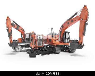 Gruppo di macchine da costruzione escavatore 3D rendering su sfondo bianco con ombra Foto Stock