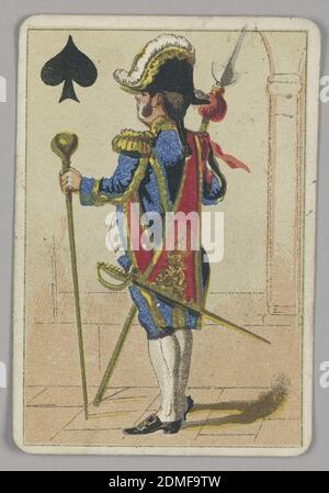 Jack of Spades, E. Le Tellier, French, active late 19th century, B.P. Grimaud, Paris, France, Lithograph on paper, Jack of Spades court playing card from a pack of transformation playing cards. A male figure in court dress holding staffs and weapons. A black spade at upper left corner., Paris, France, late 19th century, toys & games, Playing card, Playing card Stock Photo