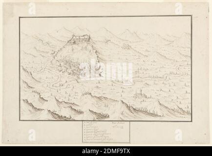 Vista planometrica di Gani, penna e inchiostro marrone su carta panna, UNA grande valle al centro della composizione si trova tra le montagne in primo piano e lo sfondo. Un ruscello attraversa la valle, che è disseminata di alberi. Un insediamento murato appare al centro a sinistra. Una casella con il testo in italiano viene visualizzata in basso al centro, sotto l'immagine. Il testo include lettere che indicano i luoghi che corrispondono a lettere disperse in tutta la composizione., Italia, 1610–35, Paesaggi, disegno Foto Stock